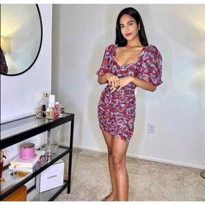 NWT Zara Blogger Favorite Floral Ruched Metallic Mini Dress Size M